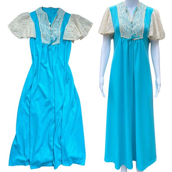 60s 70s Handmade Turquoise Cottagecore Prairie Dress Empire Waist Lace 13/14 USA - Picture 1 of 10